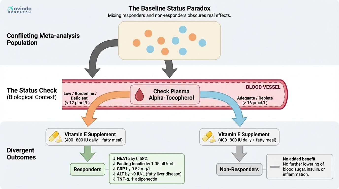 Vitamin E Only Works If You're Deficient: The Baseline Status Paradox That Explains Decades of Conflicting Research
